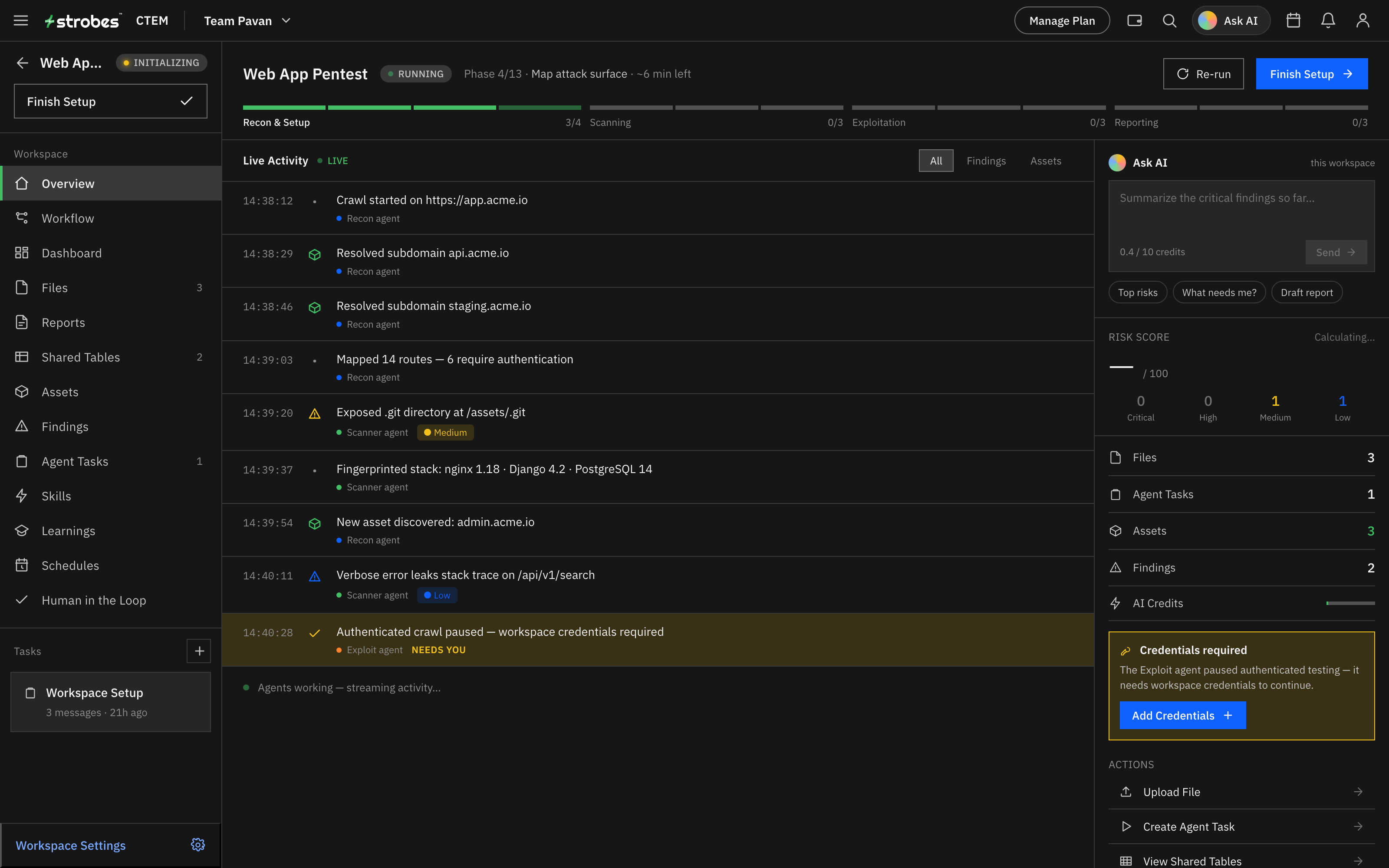 Strobes workspace running a live agentic pentest